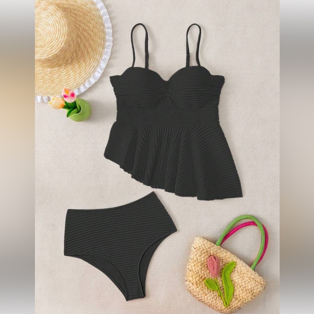 Black Asymmetrical Peplum Tankini Swimsuit Set Size Small